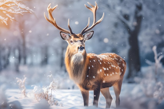 Spirito natalizio nella neve AIRendered Nobile cervo che vaga nella foresta natalizia
