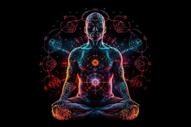 Spiritualità pacificante Concetto di meditazione e pratica spirituale espansione della coscienza chakra e attivazione del corpo astrale ispirazione mistica immagine chakra umano