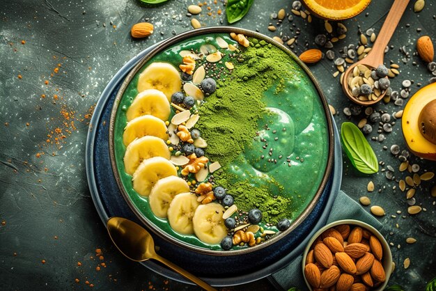 Spirulina in polvere vibrante spruzzata su una ciotola di frullato adornata con fette di frutta, noci e semi