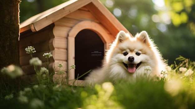 Spitz in una casa per cani sul prato in estate