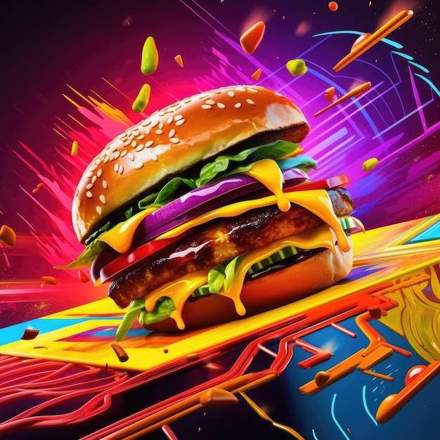 Splash art fast food hamburger e patatine fritte generative ai