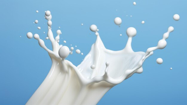 Splash bianco di latte o yogurt isolato su sfondo blu Rendering 3D