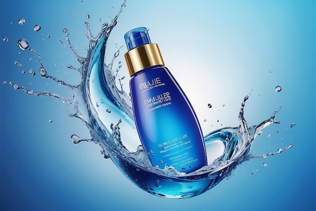 Splash cosmetico idratante acqua toner micellare o emulsione sfondo astratto di colore blu