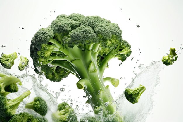 Splash di broccoli su uno sfondo bianco