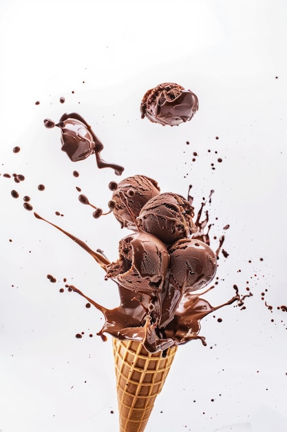 Splash di gelato al cioccolato in un cono di waffle su uno sfondo bianco orientamento verticale