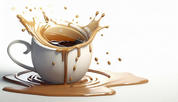 Splash di tazza di caffè e spruzzo di liquido marrone gocciola illustrazione astratta su sfondo chiaro