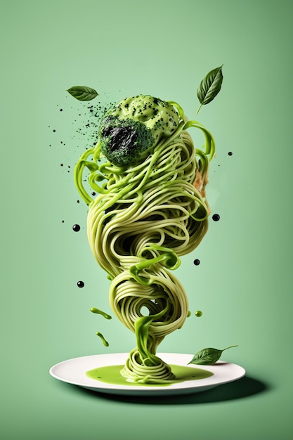 Splash e levitazione di un delizioso piatto di pasta verde con salsa al pesto