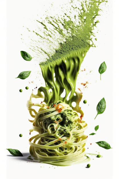 Splash e levitazione di un delizioso piatto di pasta verde con salsa al pesto