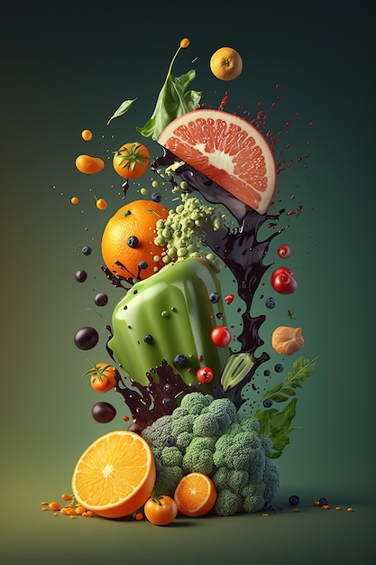 Splash levitazione di alimenti biologici selezione di frutta e verdura fresca