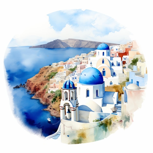 Splashes of Color Captivating Santorini in Vibrant Clipart Acquerel