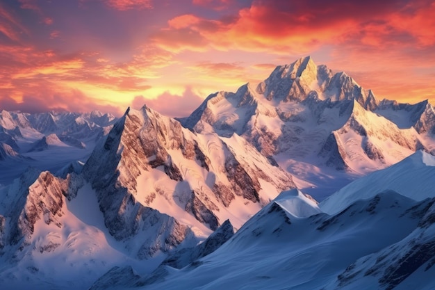 Splendida alba in montagna innevata con cielo nuvoloso