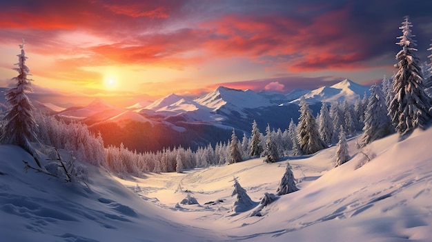 splendida alba nel paesaggio delle montagne invernali