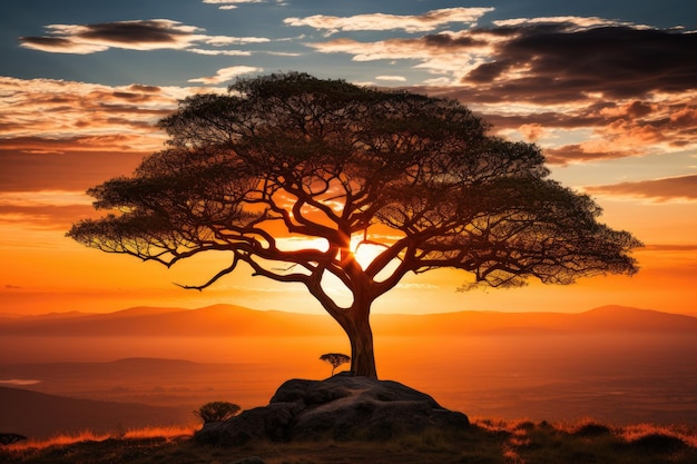 Splendida alba o tramonto con nebbia dietro un grande albero con il sole che splende nel campo della savana in Africa