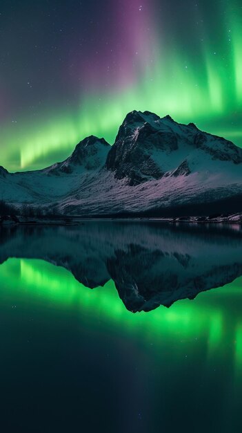 Splendida aurora boreale sopra la montagna e il fiume IA generativa