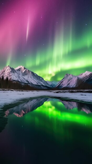 Splendida aurora boreale sopra la montagna e il fiume IA generativa