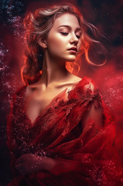 Splendida bella donna in un vestito rosso Copertina del libro del romanzo romantico con doppia esposizione Illustrazione dell'IA generativa