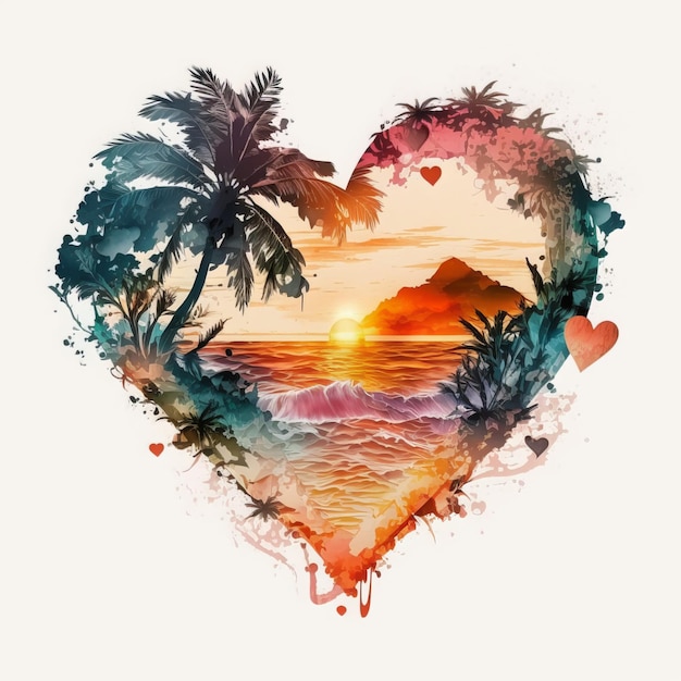 Splendida bella, Retro Beach Heart Clipart, con tramonto, acquerello