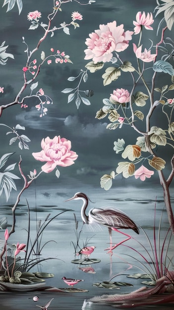 Splendida carta da parati in chinoiserie con fiori e un airone che cammina nel lago per la stampa verticale