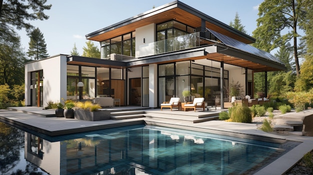 Splendida casa di campagna con pannelli solari e terrazza sul tetto Progettazione degli esterni e degli interni di una casa di lusso con piscinaxA