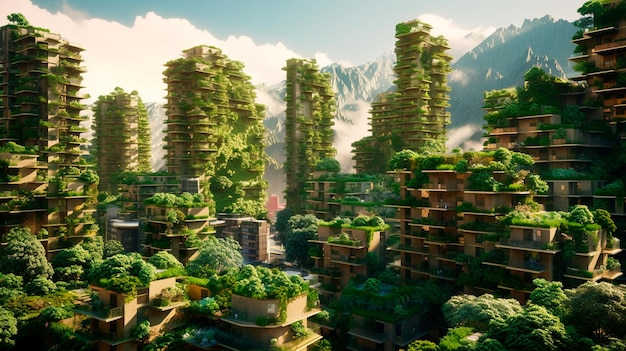 Splendida città di consapevolezza ambientale con concetto di foresta verticale di metropoli ricoperta di piante verdi IA generativa