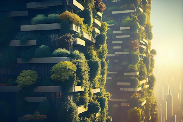 Splendida città ricoperta di alberi e piante verdi Arte digitale AI generativa