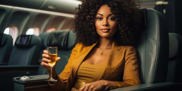 Splendida donna africana un aereo con un bicchiere di champagne Foto di alta qualità AI generativa