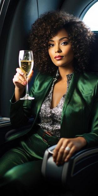 Splendida donna africana un aereo con un bicchiere di champagne Foto di alta qualità AI generativa