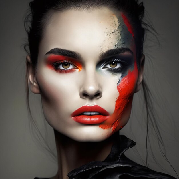 Splendida donna Arafed con sorprendente trucco rosso e nero e rossetto rosso sensuale IA generativa