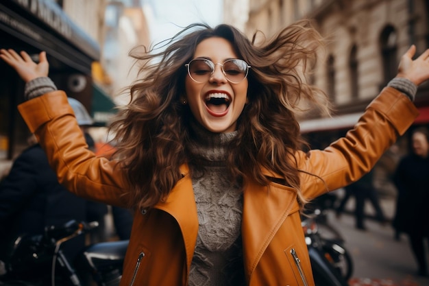 Splendida donna che celebra l'Ai generativa della felicità