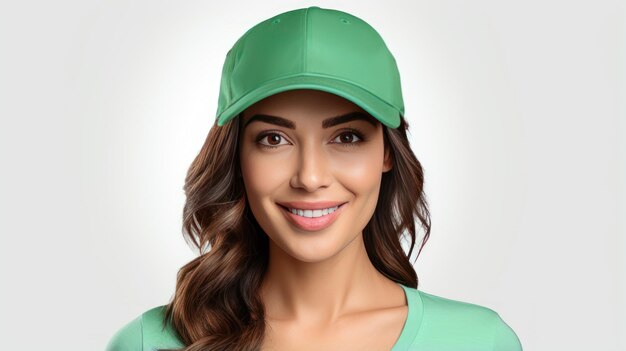 Splendida foto Belle donne che indossano un modello di berretto da baseball verde in vista frontale isolato in bianco