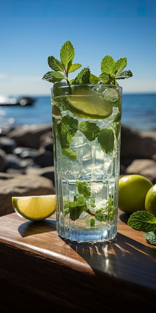 Splendida foto di cocktail mojito su una soleggiata spiaggia estiva sullo sfondo