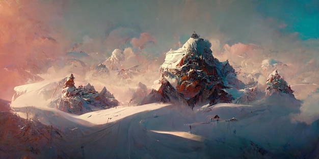 Splendida himalaya panoramica ricoperta di neve. Illustrazione digitale, sfondo