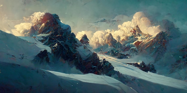 Splendida himalaya panoramica ricoperta di neve. Illustrazione digitale, sfondo