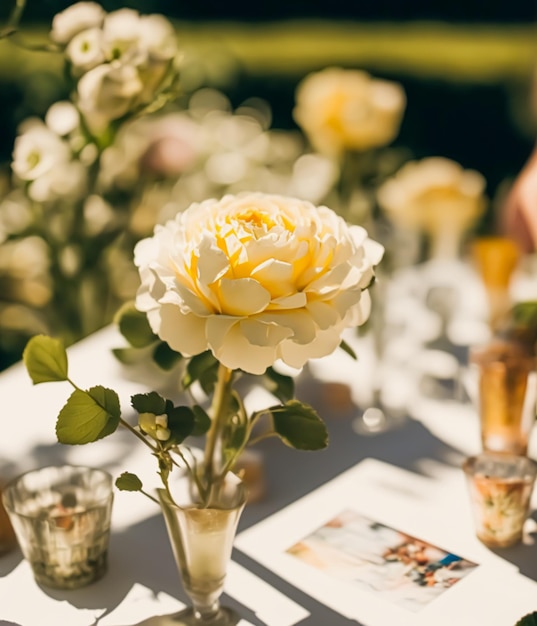 Splendida idea e ispirazione per la decorazione della tavola di nozze di lusso con fiori e design stilizzato generico per una celebrazione del matrimonio estivo all'aperto nel giardino floreale in stile inglese Generative Ai