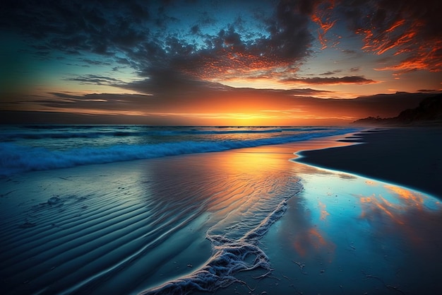 Splendida immagine di un'acqua tranquilla con un tramonto in un cielo blu nebbioso