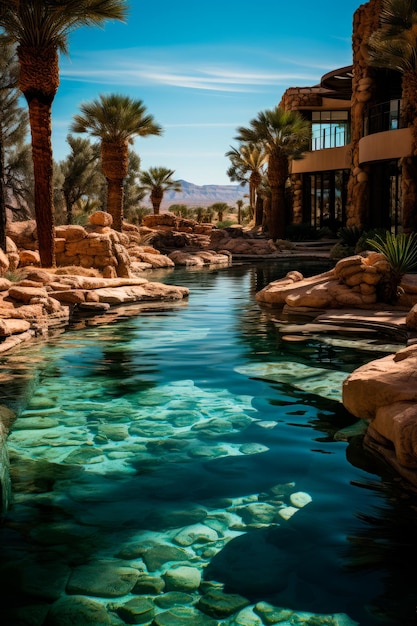 Splendida oasi immersa in una vasta distesa di deserto bordato di palme