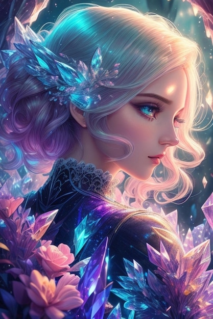 Splendida ragazza anime bellissima con fiori