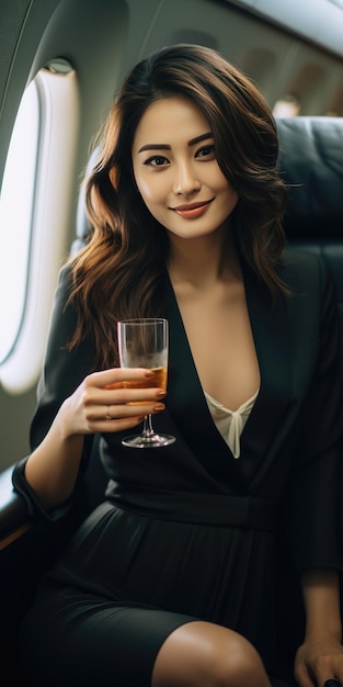 Splendida ragazza asiatica sull'aereo con un bicchiere di champagne Foto di alta qualità AI generativa