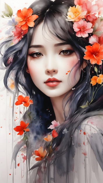 Splendida ragazza realizzata con la colorazione dei fiori nella pittura ad acquerello