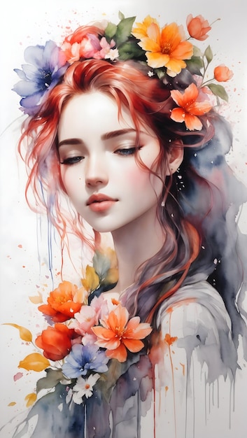 Splendida ragazza realizzata con la colorazione dei fiori nella pittura ad acquerello