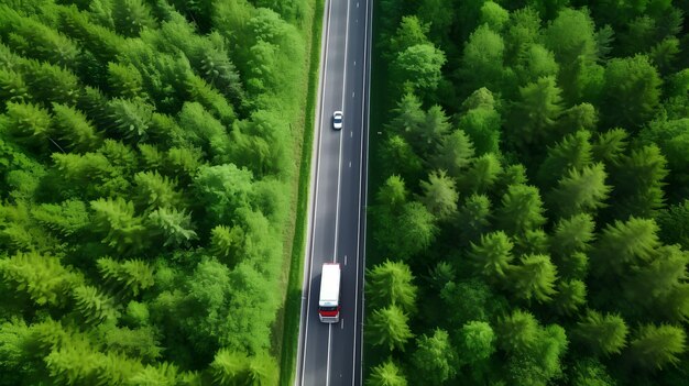 Splendida ripresa aerea di un camion che viaggia attraverso un sereno paesaggio forestale