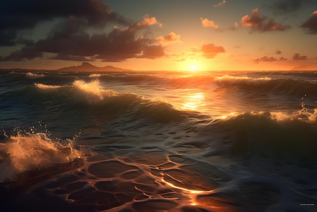 Splendida scena della spiaggia al tramonto con onde dell'oceano e luci calde in immagini fotorealistiche