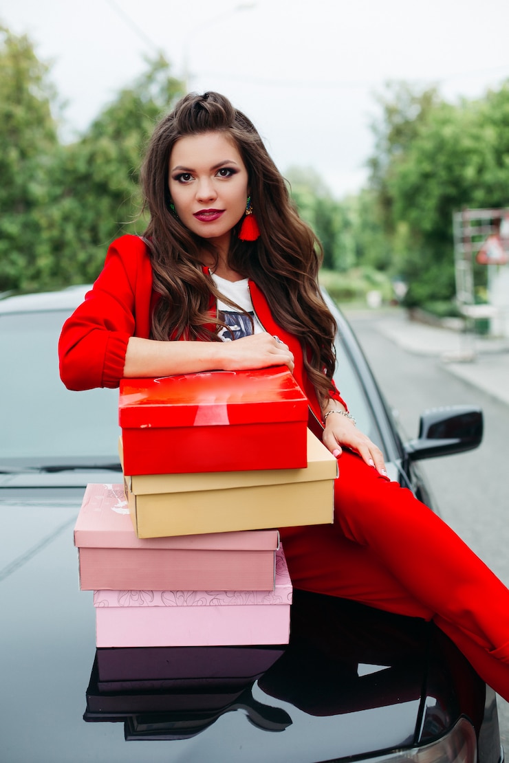 Foto splendida signora con una pila di scatole di scarpe.