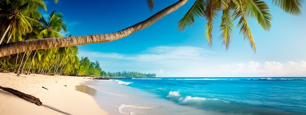 Splendida spiaggia, oceano e palme, AI Generative Travel