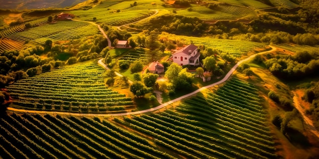 Splendida veduta aerea di un vigneto in piena fioritura con filari di viti perfettamente allineati, vibrante fogliame verde e una cantina immersa nella bellezza paesaggistica dell'IA generativa