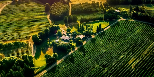 Splendida veduta aerea di un vigneto in piena fioritura con filari di viti perfettamente allineati, vibrante fogliame verde e una cantina immersa nella bellezza paesaggistica dell'IA generativa