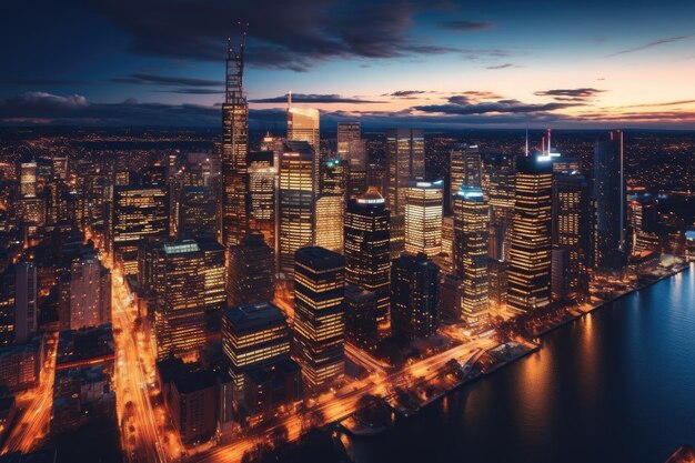 Splendida veduta aerea di uno skyline notturno della città al crepuscolo IA generativa