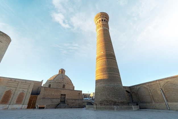 Splendida vista del minareto Kalan del complesso PoiKalan a Bukhara, Uzbekistan L'antica torre in mattoni è una popolare attrazione turistica dell'Asia centrale