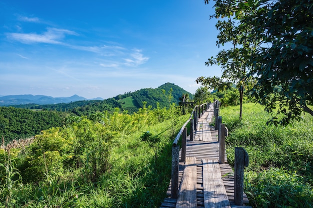 Splendida vista del paesaggio e ponte di legno su Phu Lamduan a loei thailand.Phu Lamduan è una nuova attrazione turistica e punto di vista del fiume mekong tra thailandia e loa.