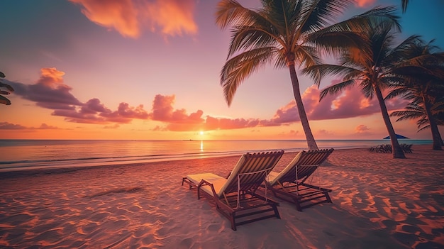 Splendida vista del tramonto tropicale due lettini sedie ombrelloni sotto le palme Sabbia bianca oc